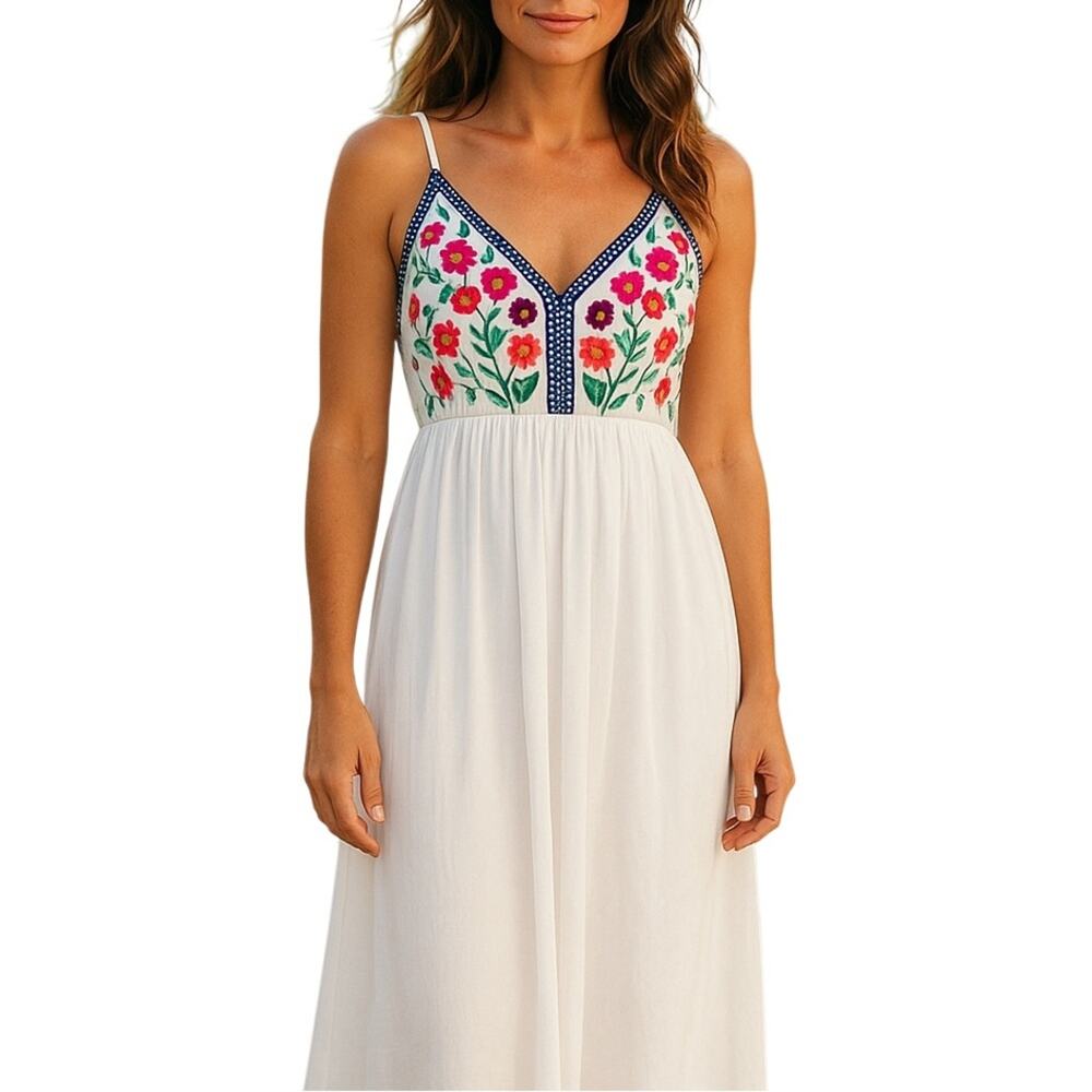 Boho Open Back Floral Maxi Dress XL White Festival Vacation Sundress